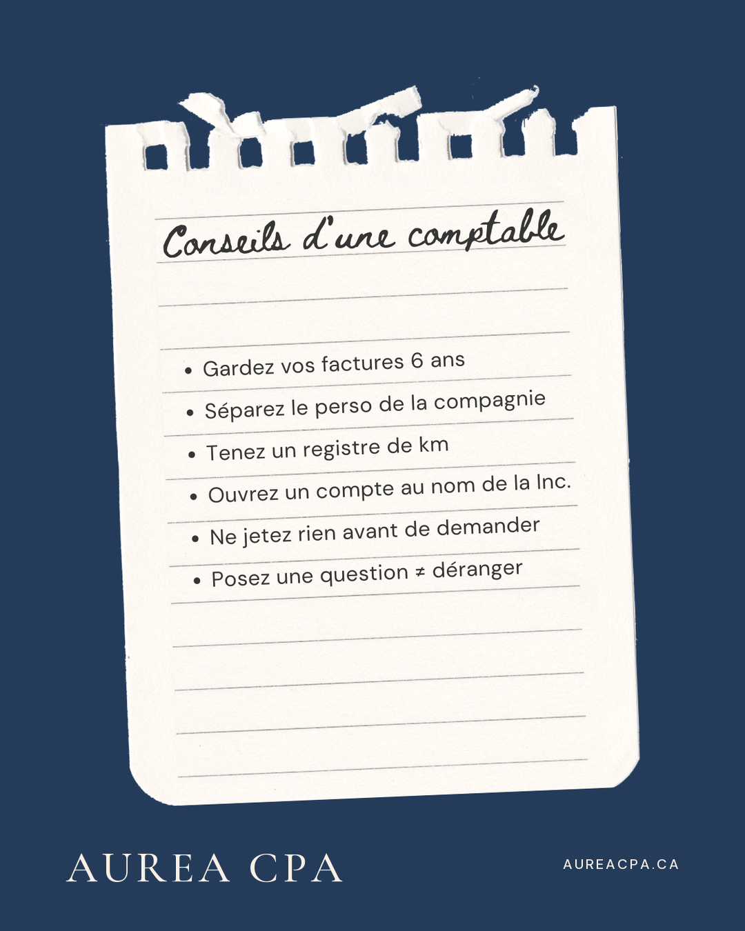 Publication AUREA CPA : conseils d'une comptable, six repères simples pour bien tenir vos livres